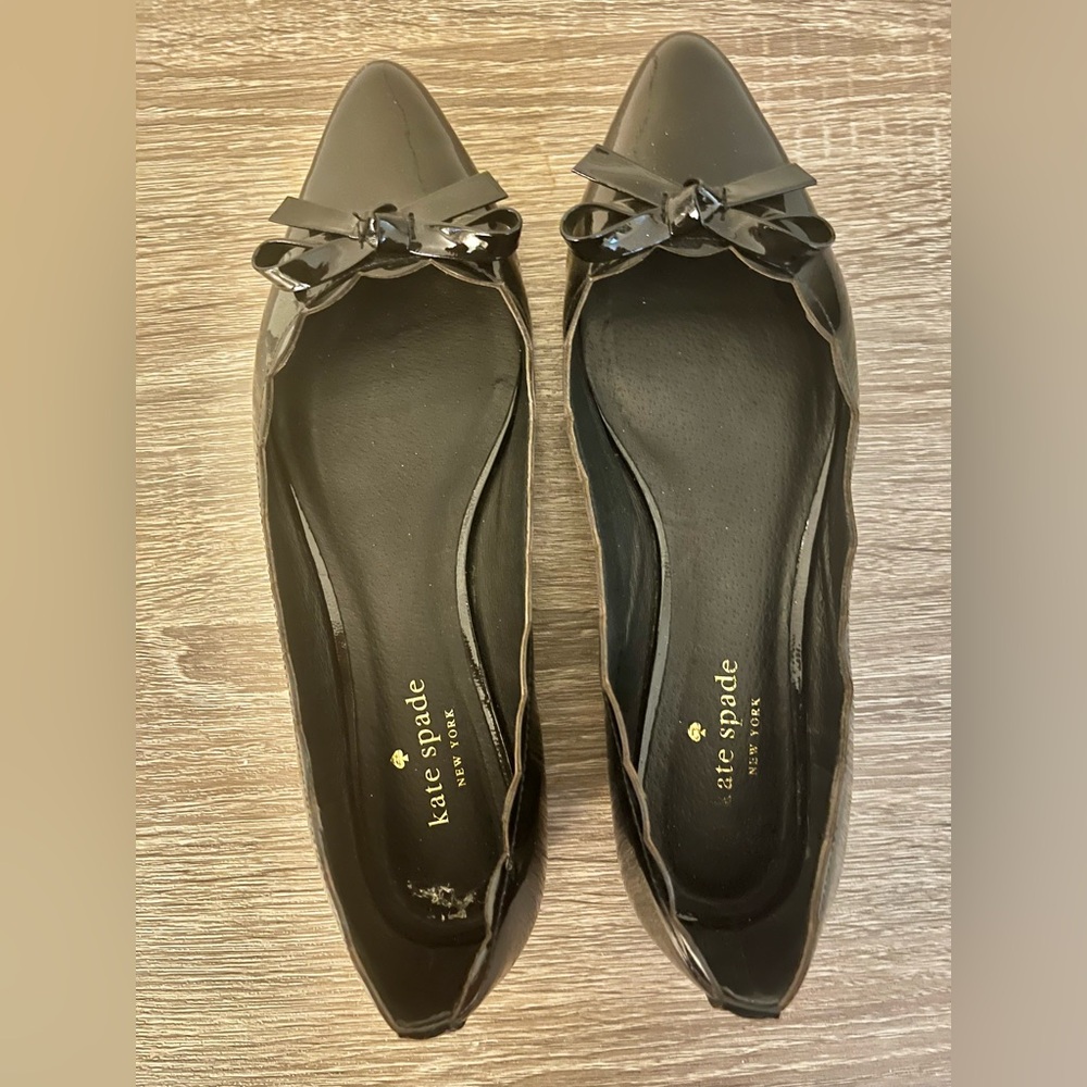 kate spade Black Patent Pointed-Toe Ballet Flats with Bow - Picture 2 of 7
